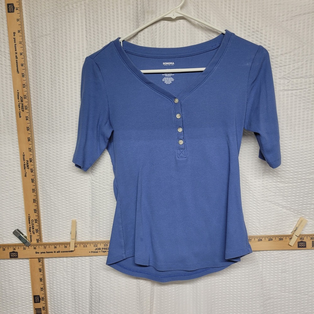Sonoma Goods For Life Blue Ribbed Henley V-Neck Top Petites Small PS
